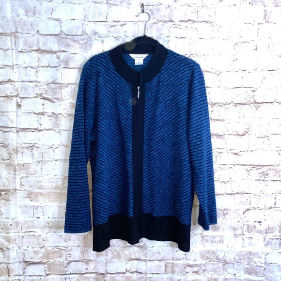 Exclusively Misook Blue Black Striped Knit Full Zip Cardigan Size 1X - Picture 1 of 7